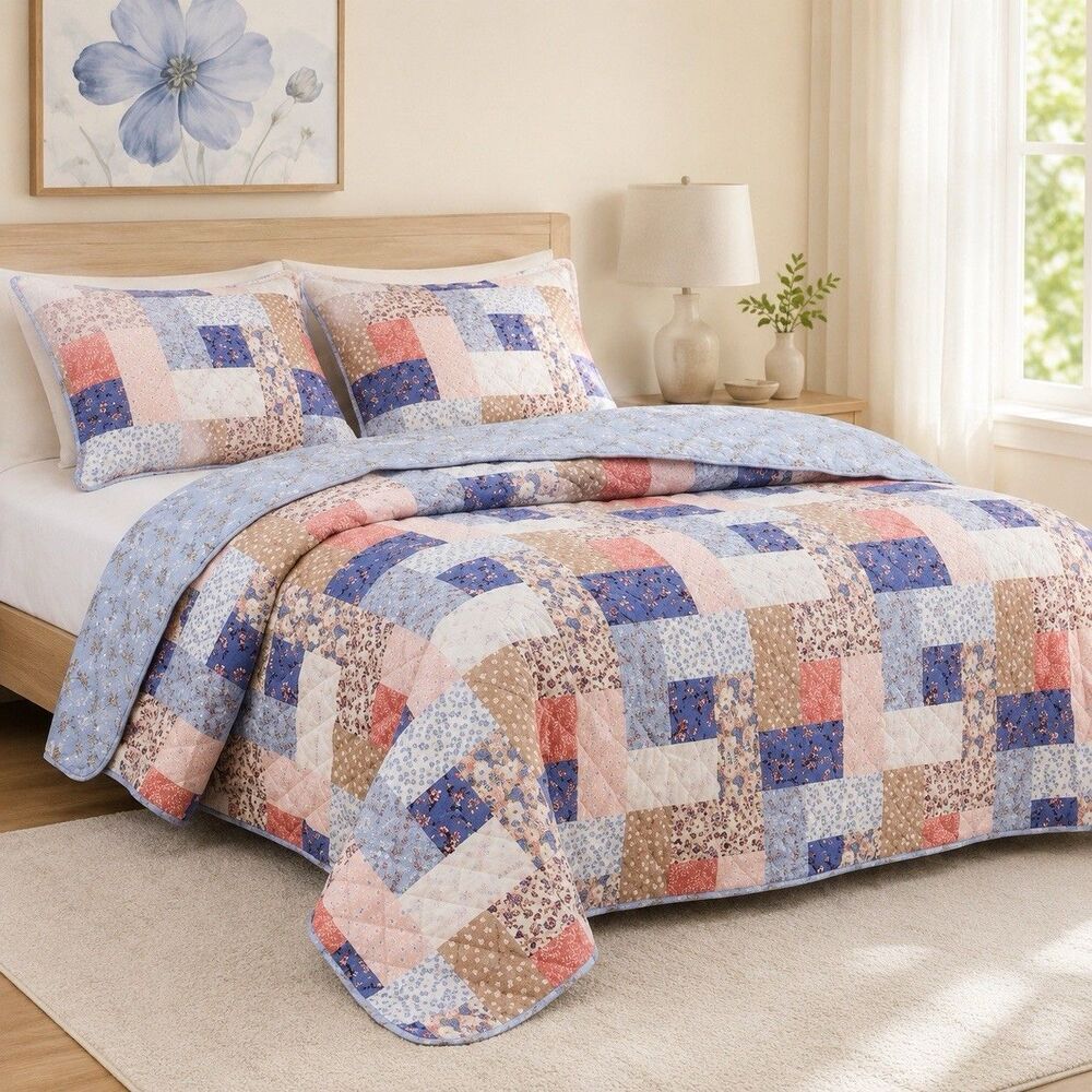 Vera Bradley Cottage Floral Quilt Set Full Queen 3pc Reversible Blue Patchwork